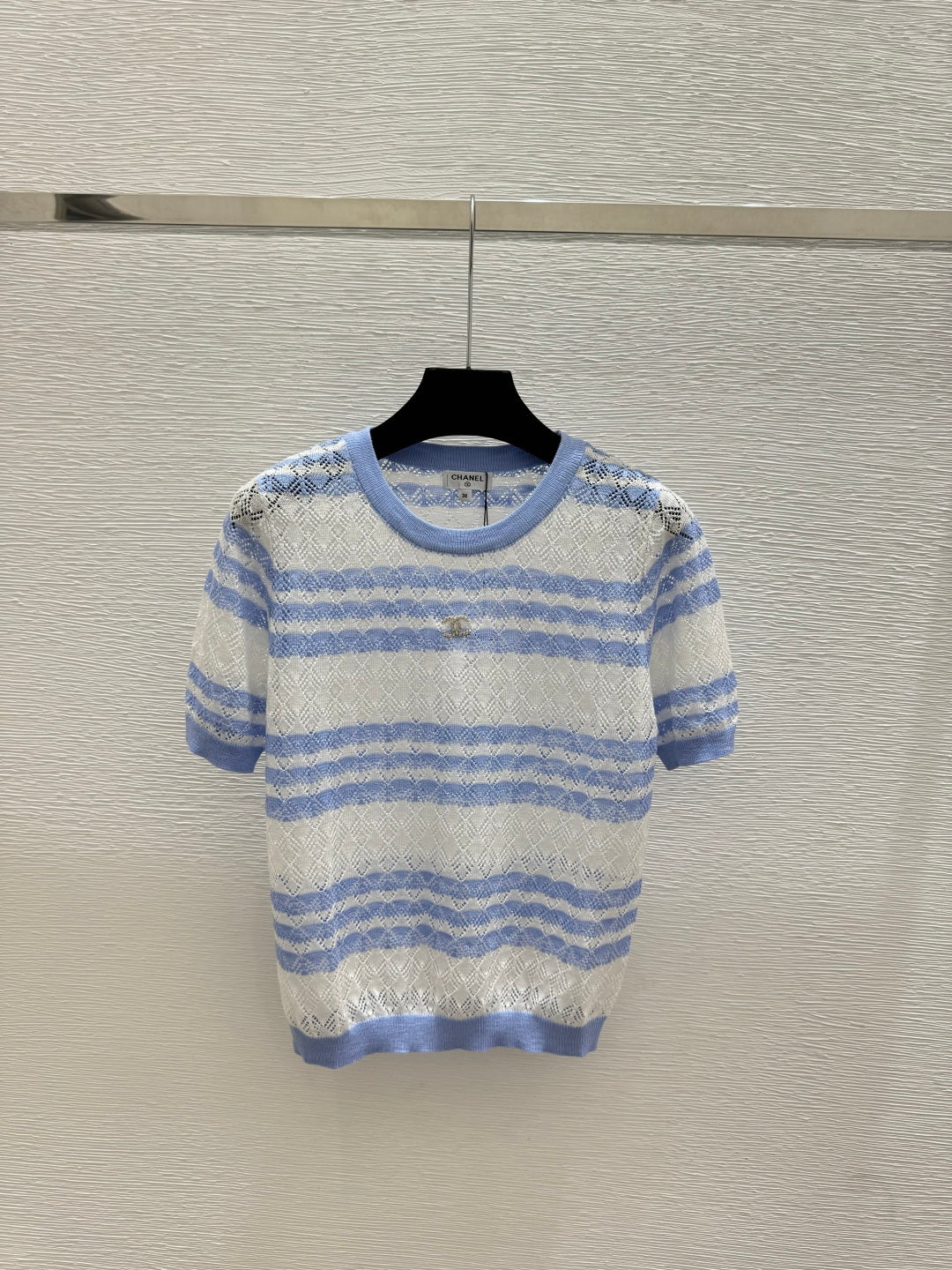 Chanel 2026 Striped Knit Short-sleeved Top Blue and Black Wool Cashmere 368362