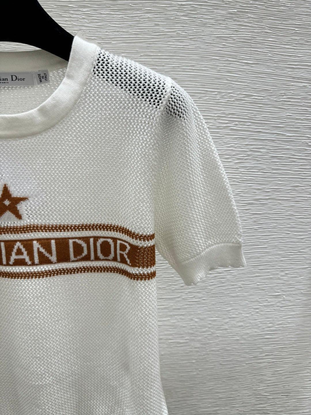 Dior 2026 Mesh Knit Short-Sleeve Top Brown and White Wool 341180