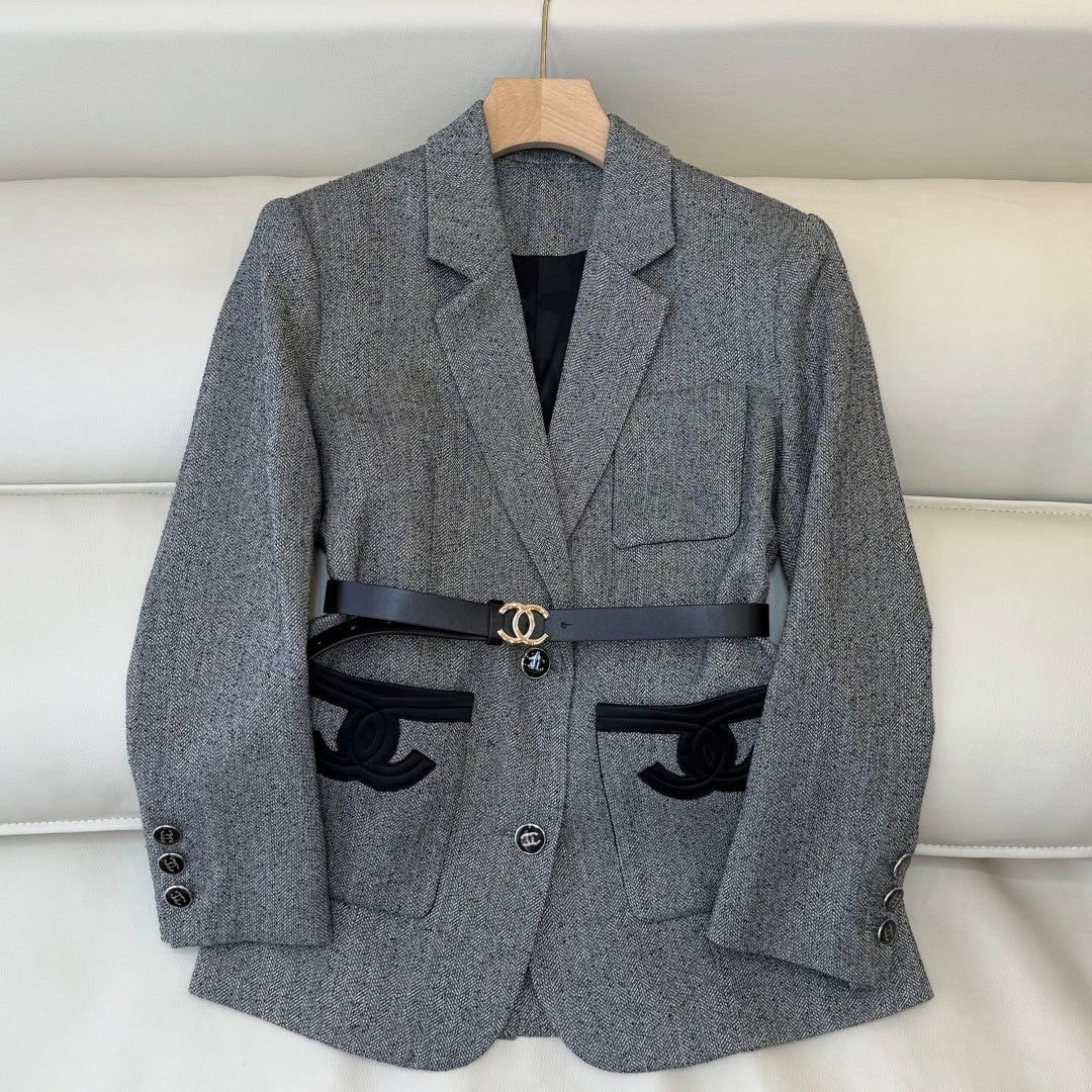Chanel 2025 Blazer With Belt Gray Black Polyester Wool