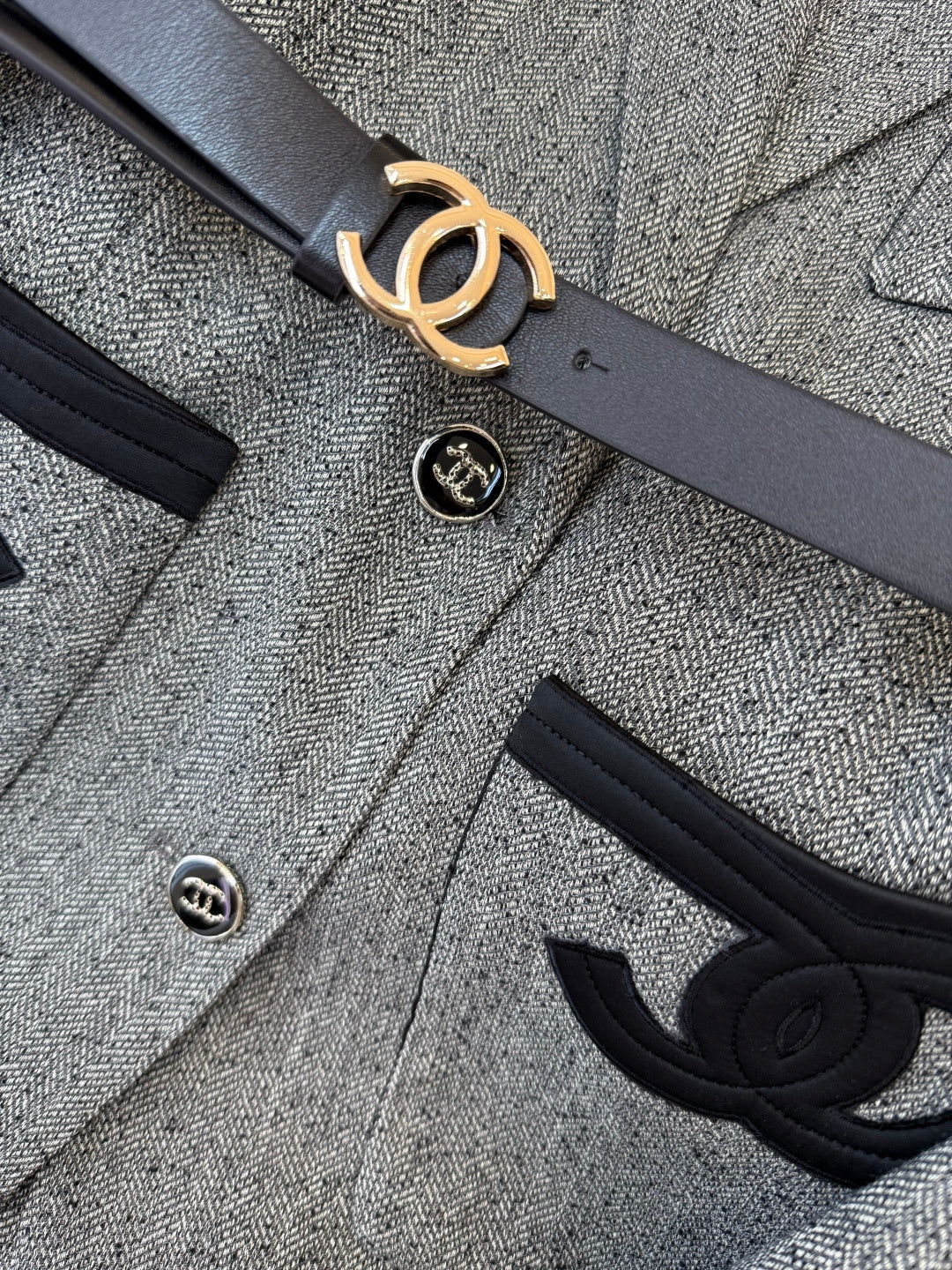 Chanel 2025 Blazer With Belt Gray Black Polyester Wool