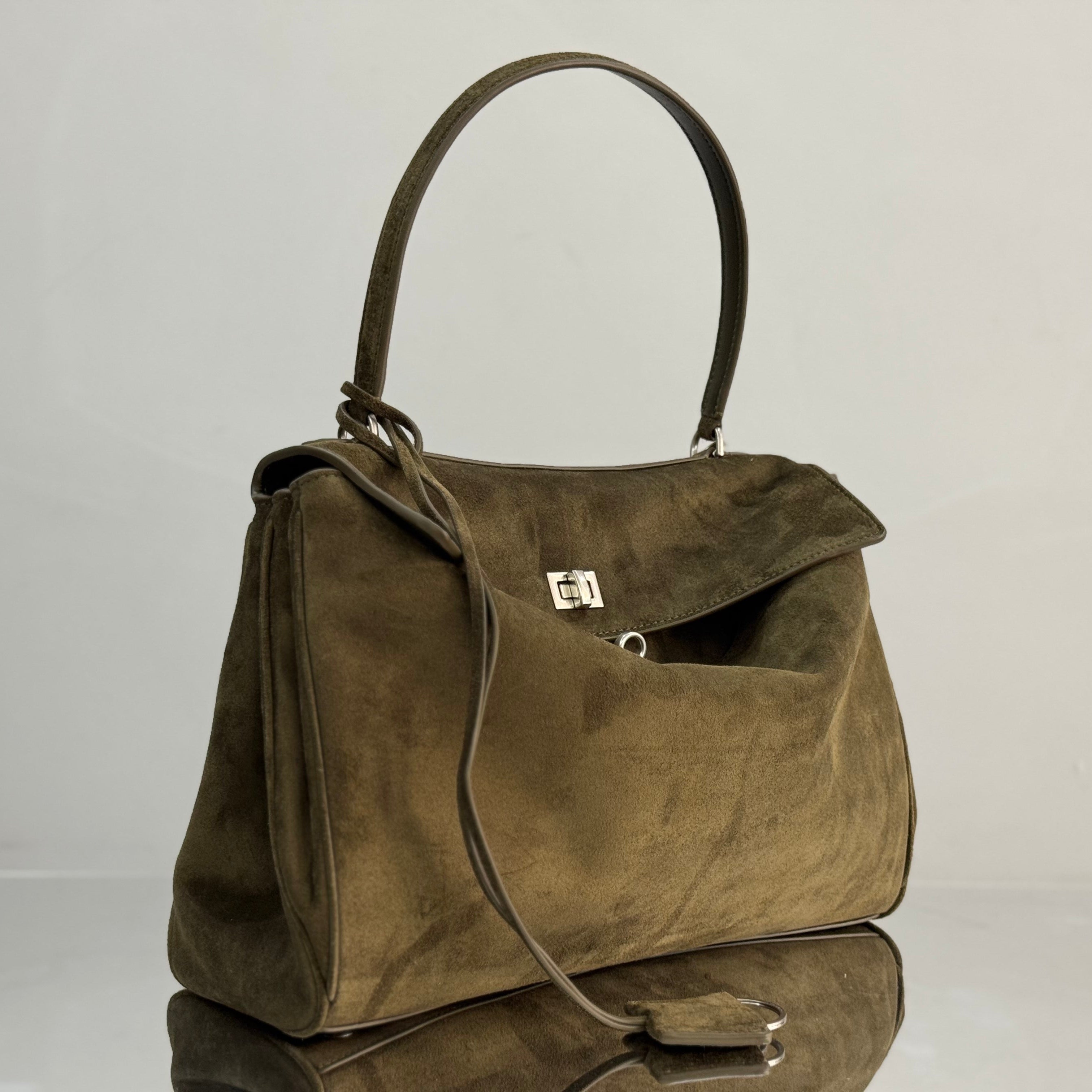 Balenciaga Medium Bag 35 Olive Green Suede Sliver Hardware