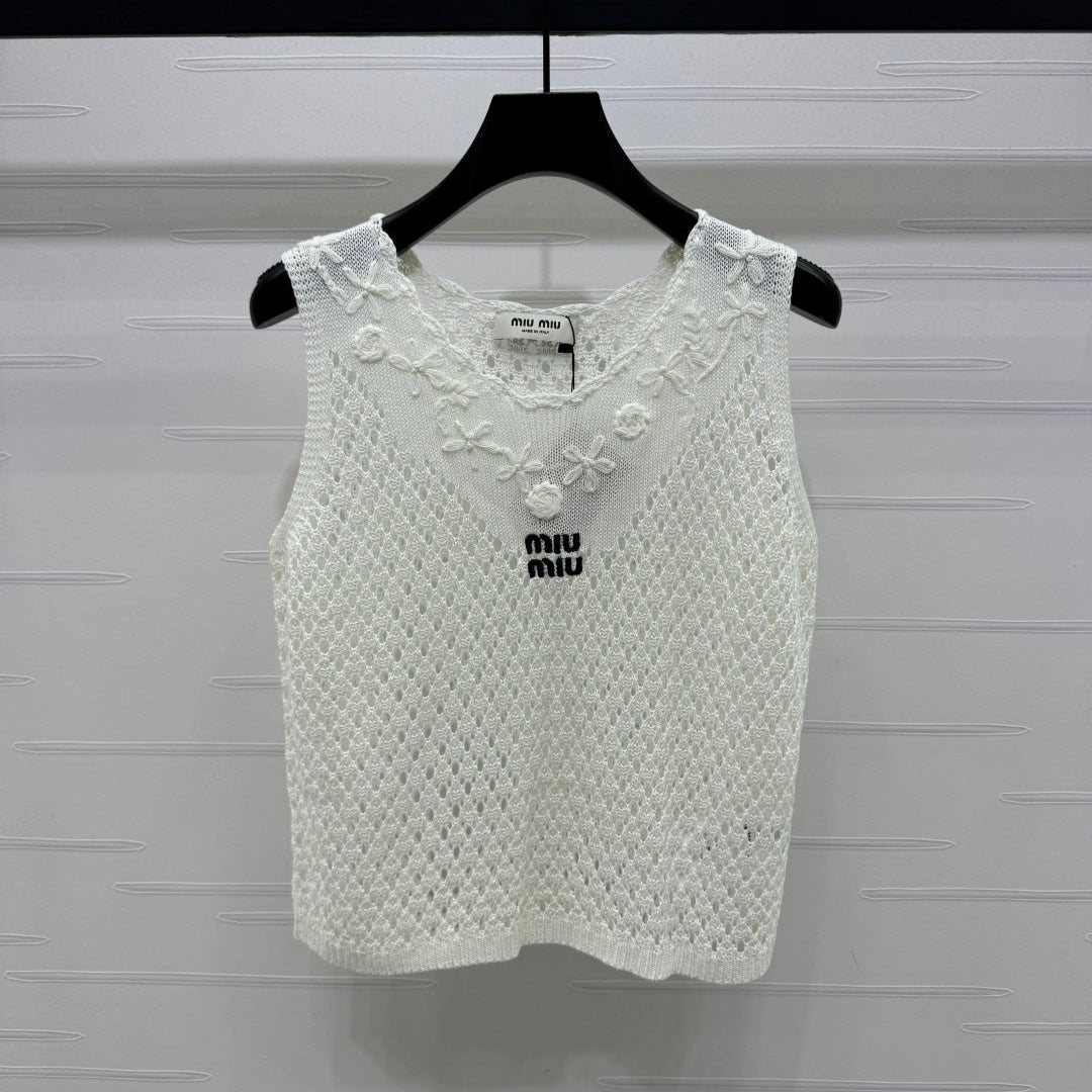 Miumiu 25 White Knitted V-neck Tank Top