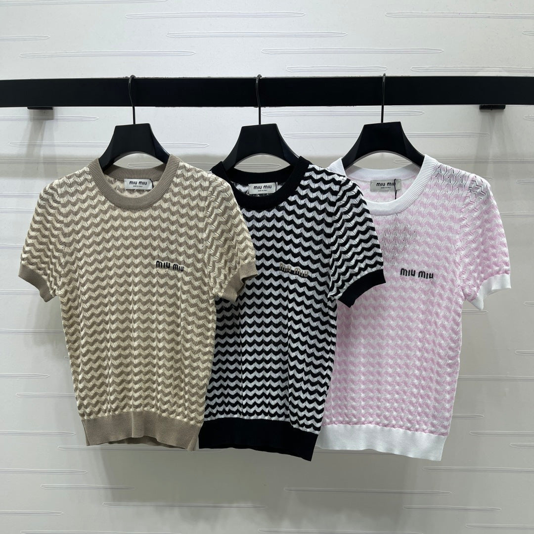 Miumiu 2026 Hollow-out Knit Short-sleeved Top Tencel Cotton 395656