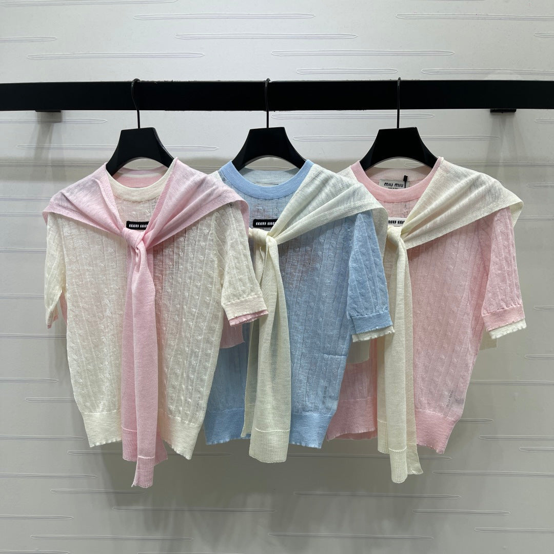 Miumiu 2026 Shawl Striped Knit Short Sleeve Tencel 397433
