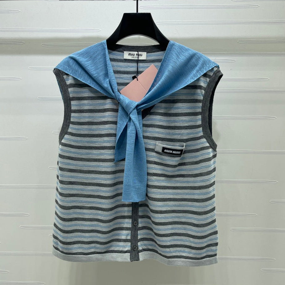 Miumiu 2026 V-neck Striped Knit Vest Blue Grey Wool 397412