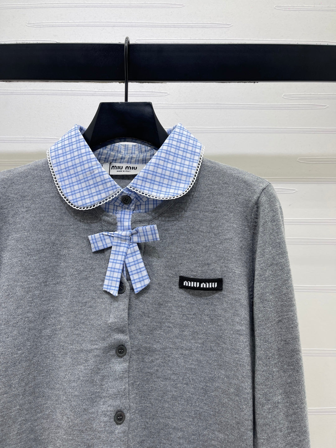 Miumiu 2026 Two-piece Plaid Knit Cardigan Grey Blue Wool 415917
