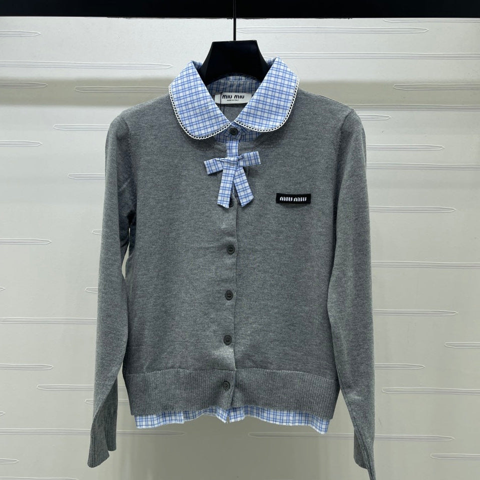 Miumiu 2026 Two-piece Plaid Knit Cardigan Grey Blue Wool 415917