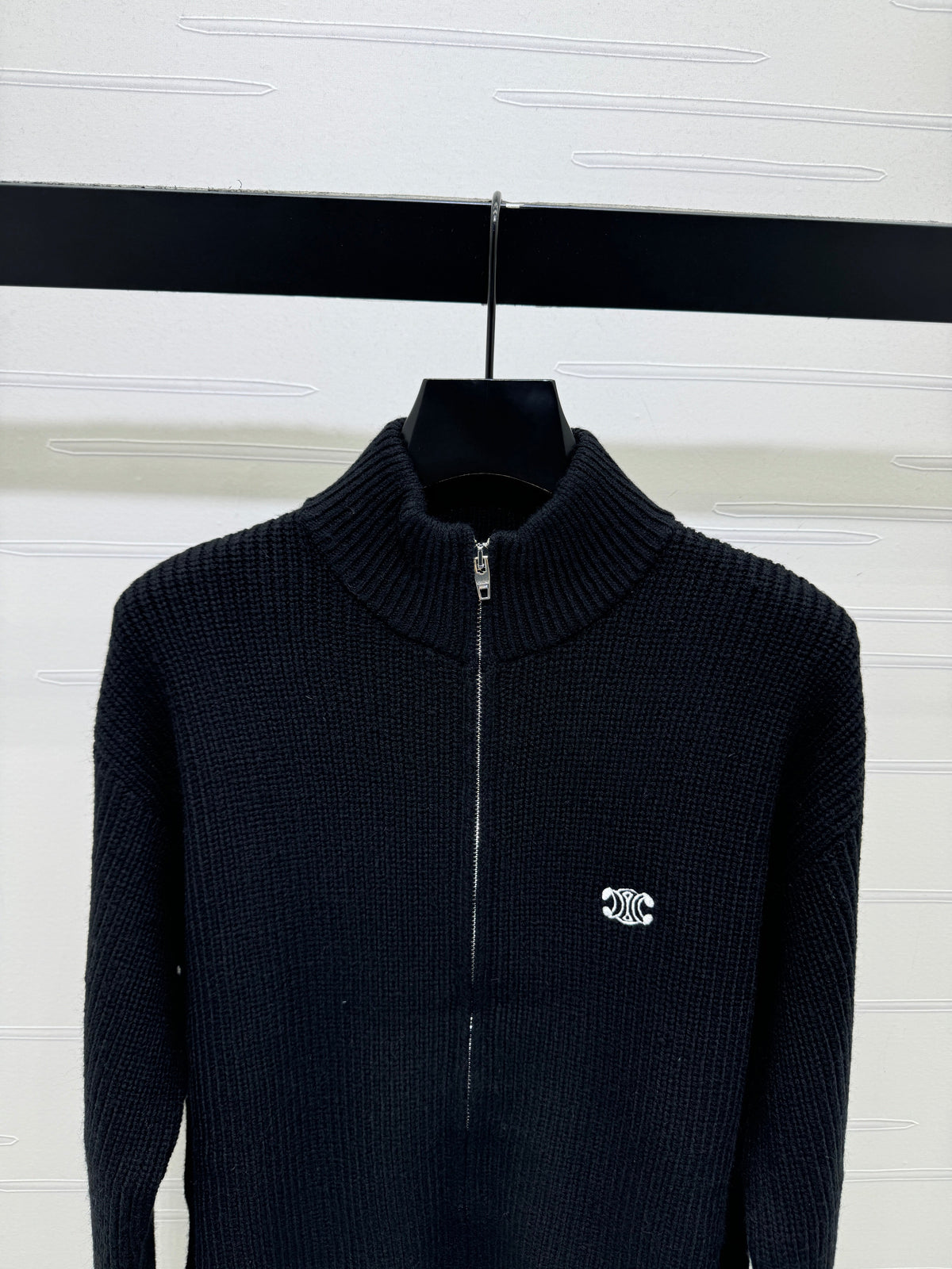 Celine 2026 Stand-up Collar Zip-up Long-sleeved Knit Cardigan Black Wool 430325