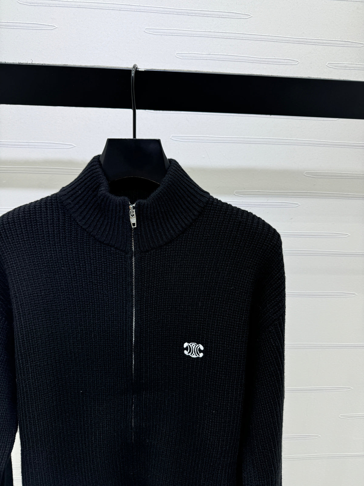 Celine 2026 Stand-up Collar Zip-up Long-sleeved Knit Cardigan Black Wool 430325