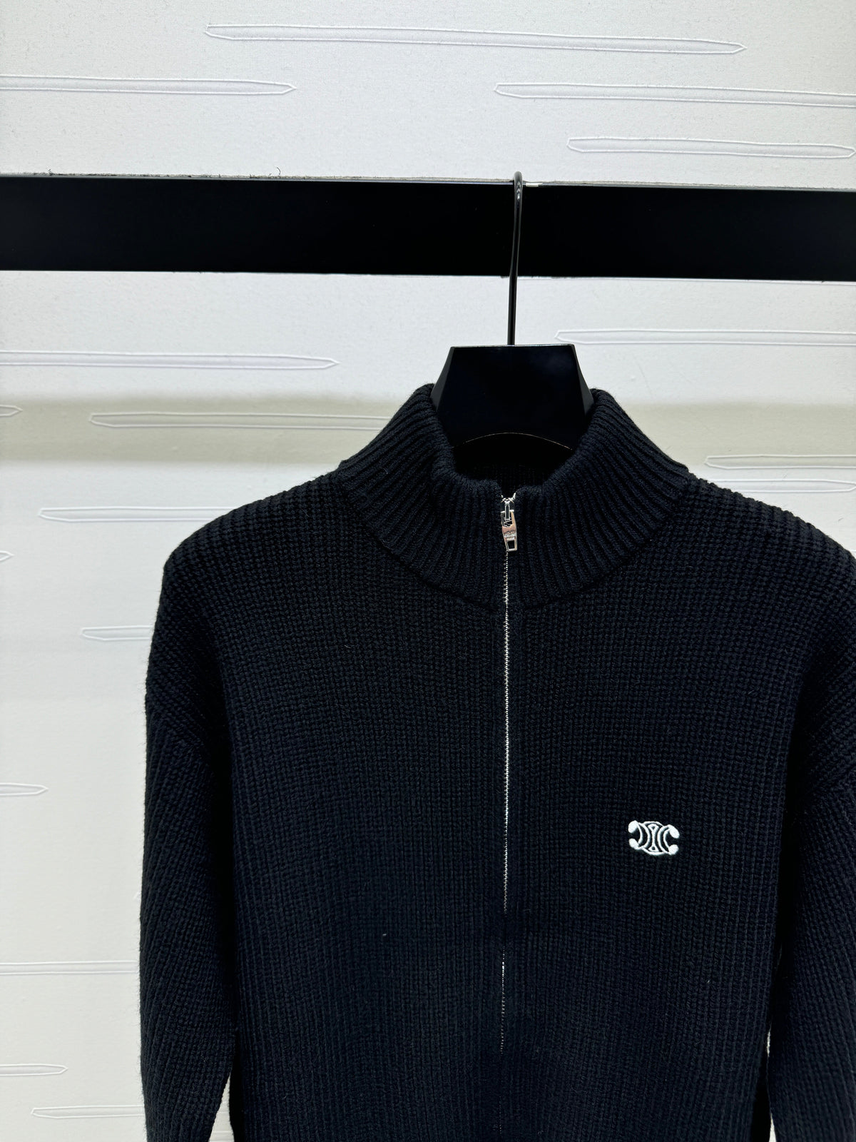 Celine 2026 Stand-up Collar Zip-up Long-sleeved Knit Cardigan Black Wool 430325