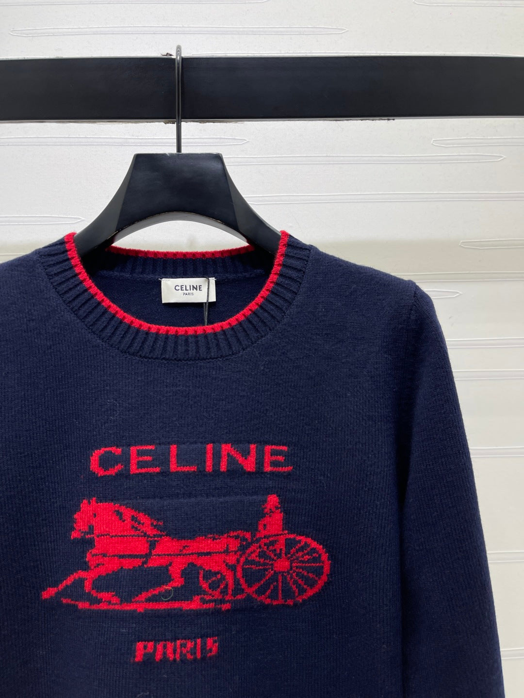 Celine 2026 Knit Long-sleeved Sweater Navy Blue Mix Red Wool 433251