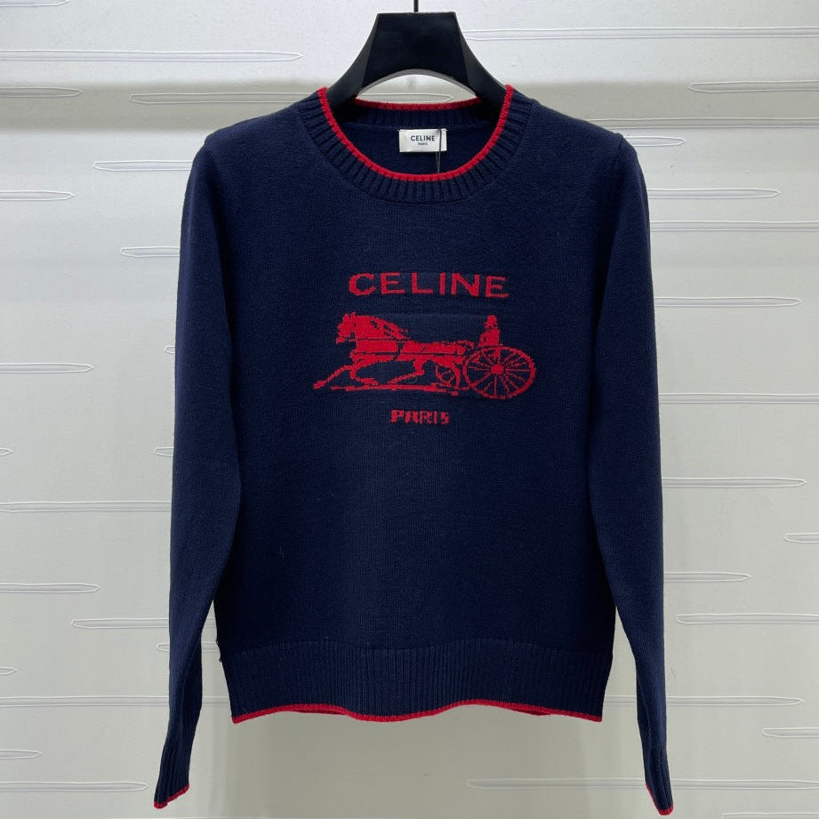 Celine 2026 Knit Long-sleeved Sweater Navy Blue Mix Red Wool 433251