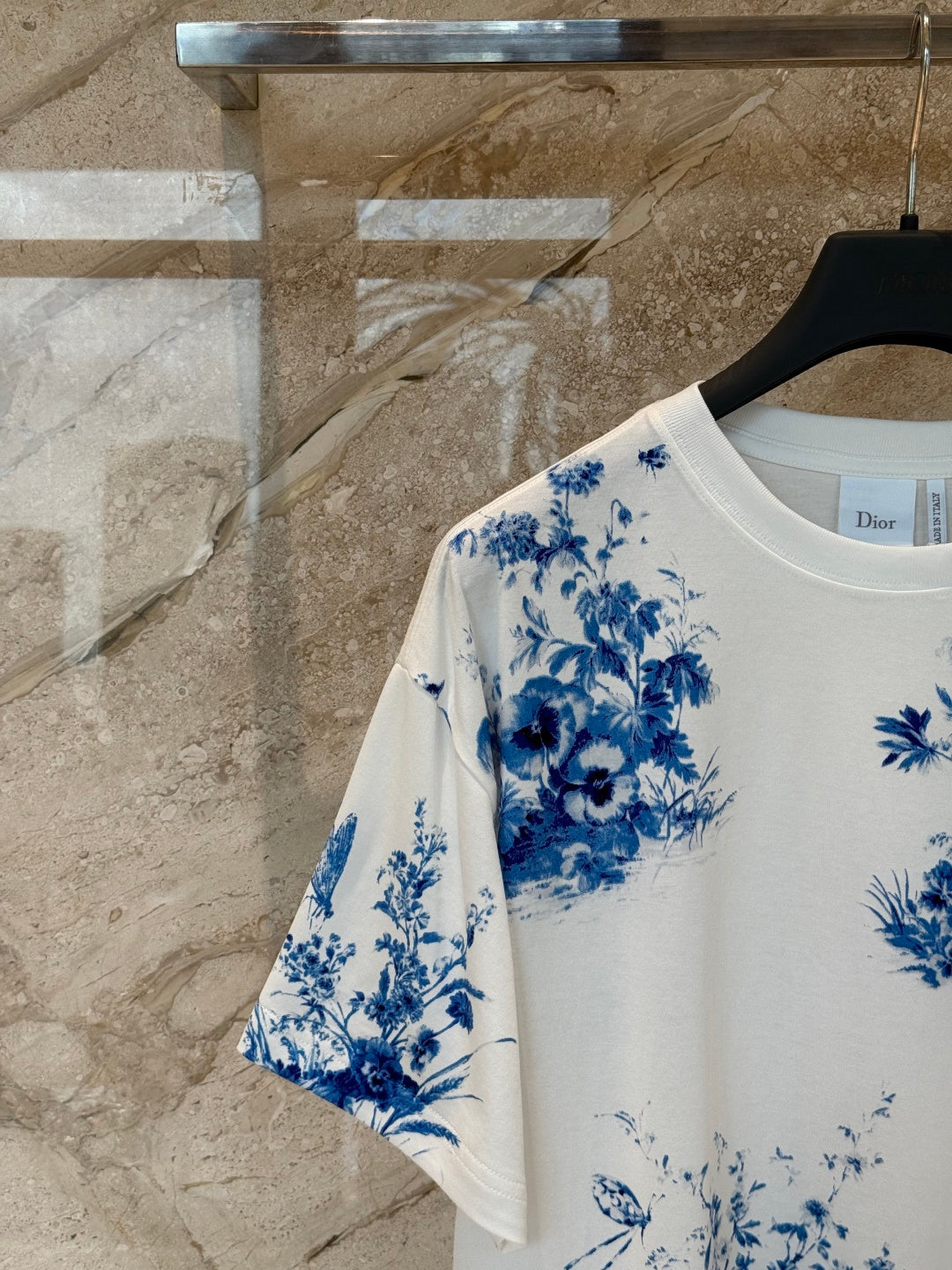 Dior 2026 Blue Floral and Bird Print Short-Sleeve T-Shirt Cotton 415774