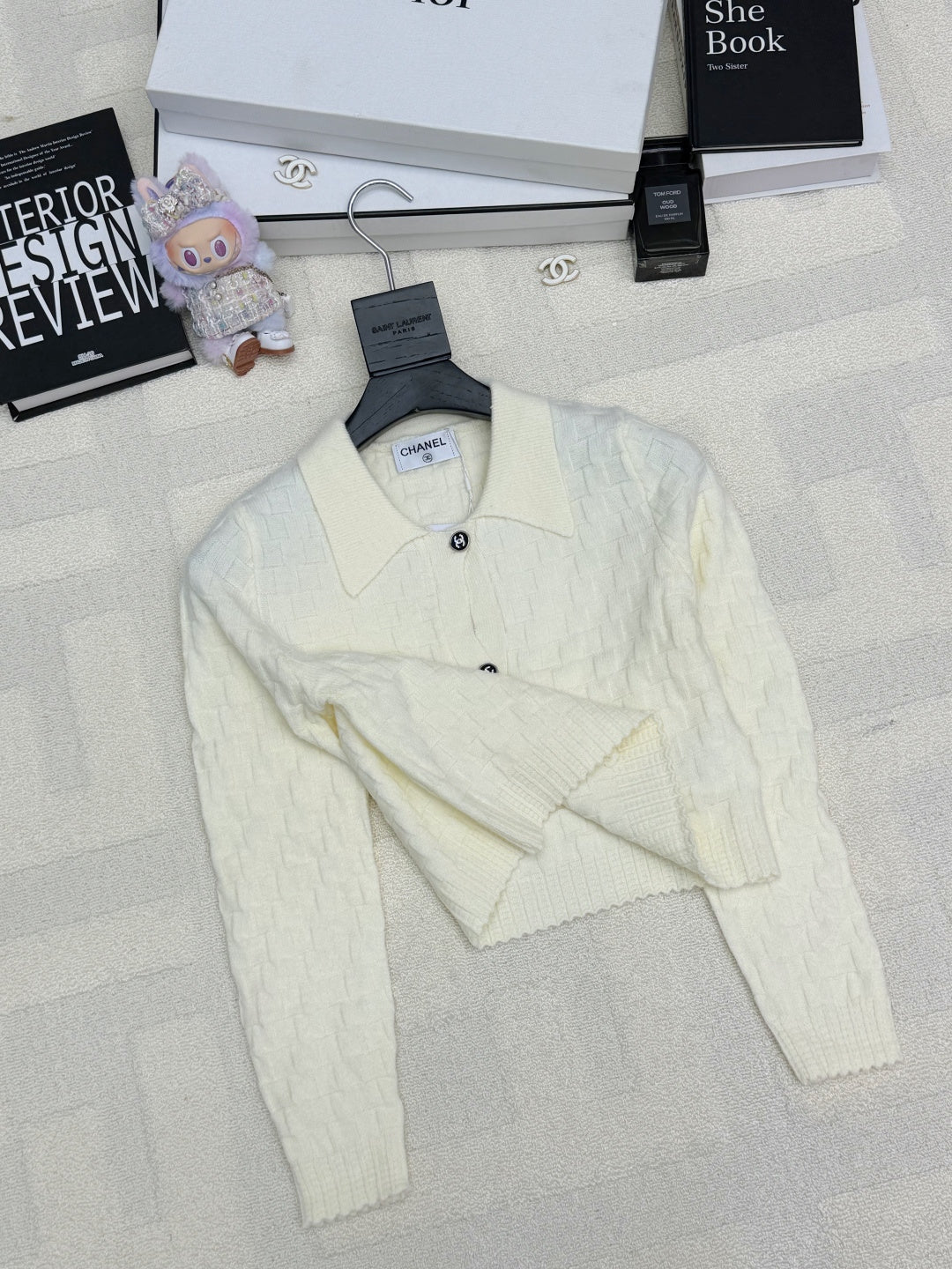 Chanel 2025 Polo Neck High-Waisted Short Knit Cardigan White Wool