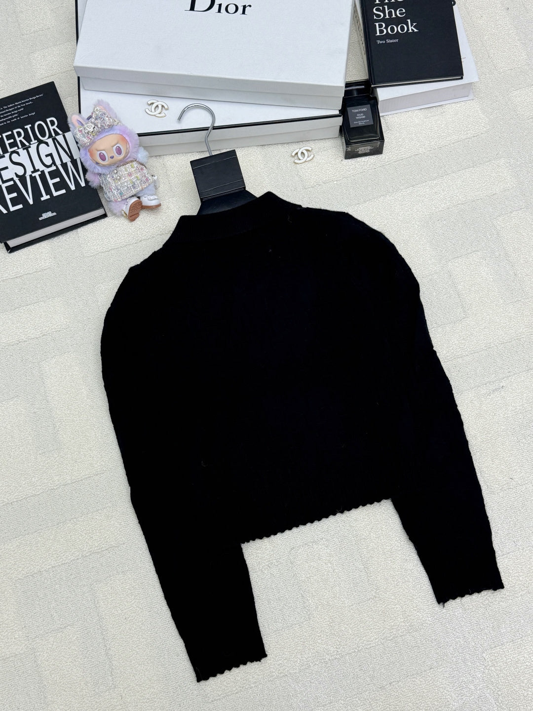 Chanel 2025 Polo Neck High-Waisted Short Knit Cardigan Black Wool