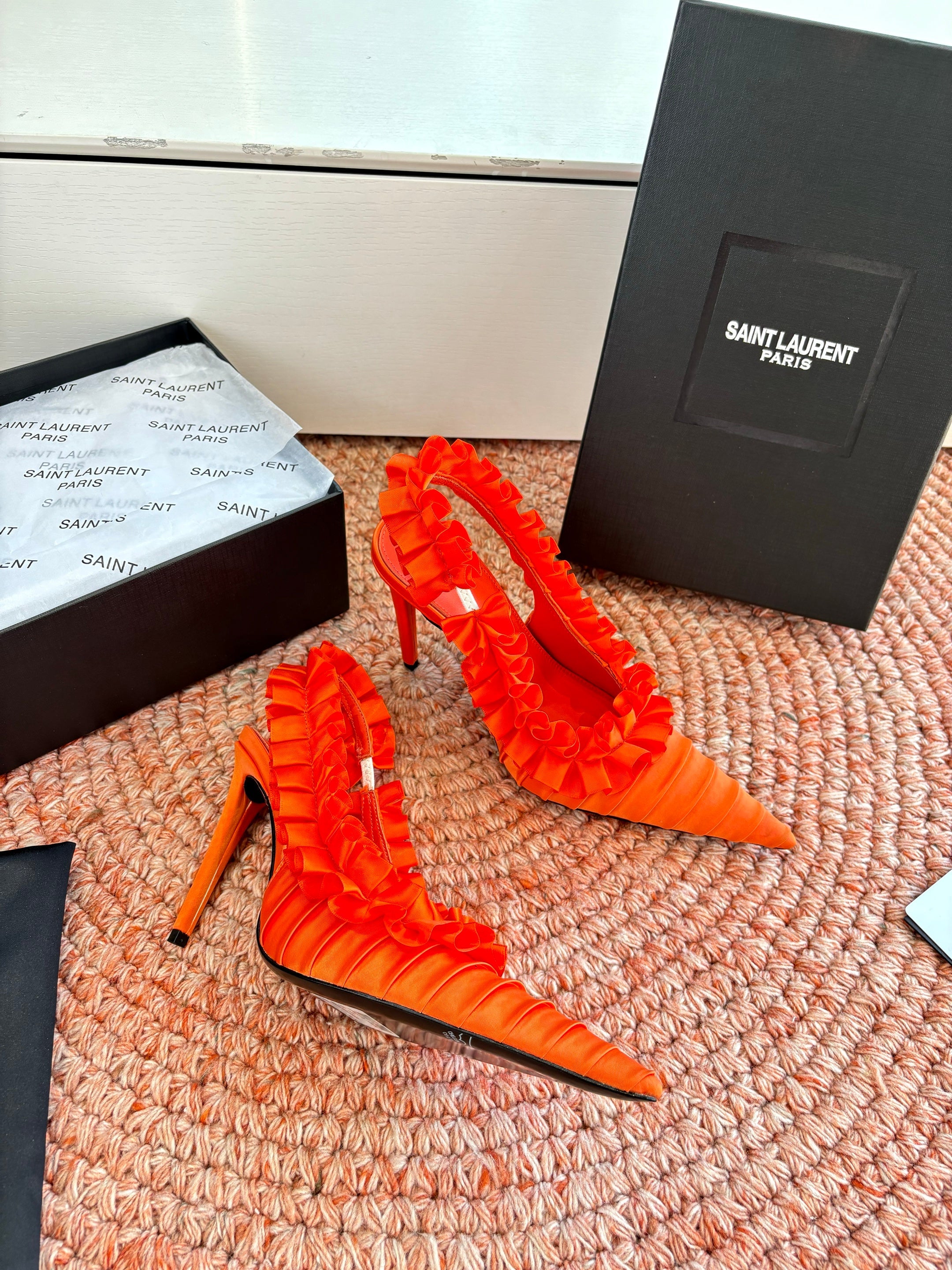 YSL 26ss Slingback Orange Silk Leather 648837