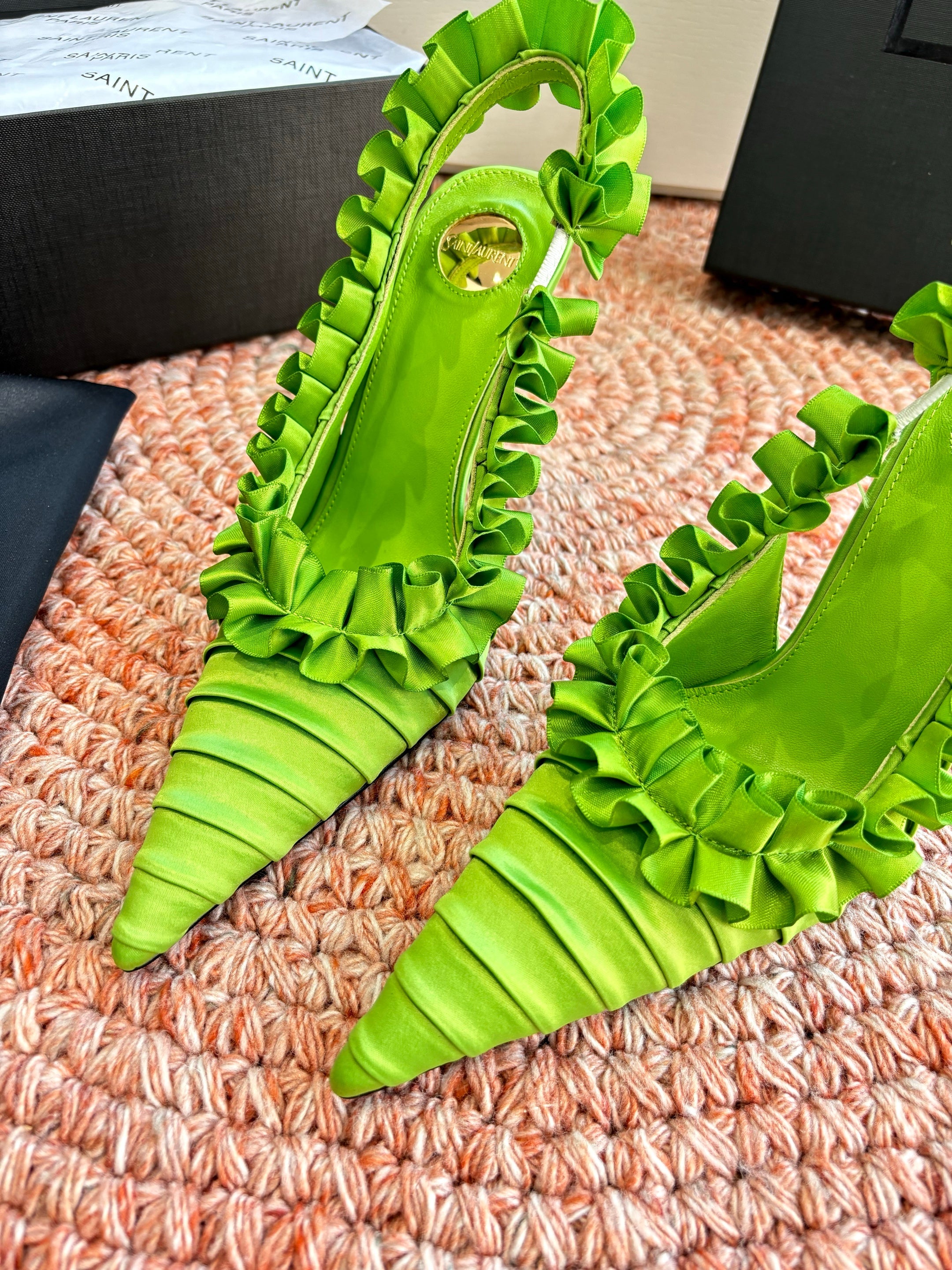 YSL 26ss Slingback Green Silk Leather 648838