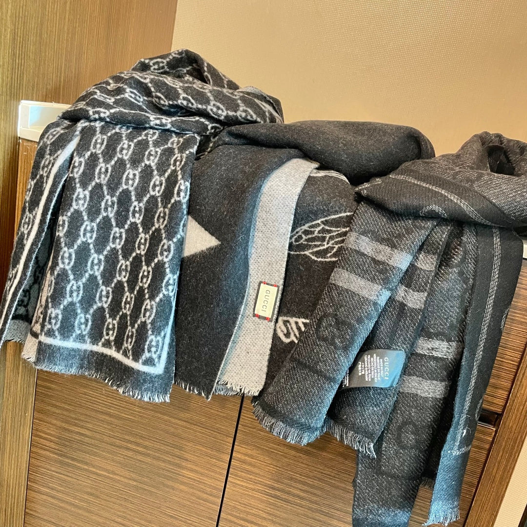 GG Double G Jacquard Scarf 180CM  Black Wool 283097