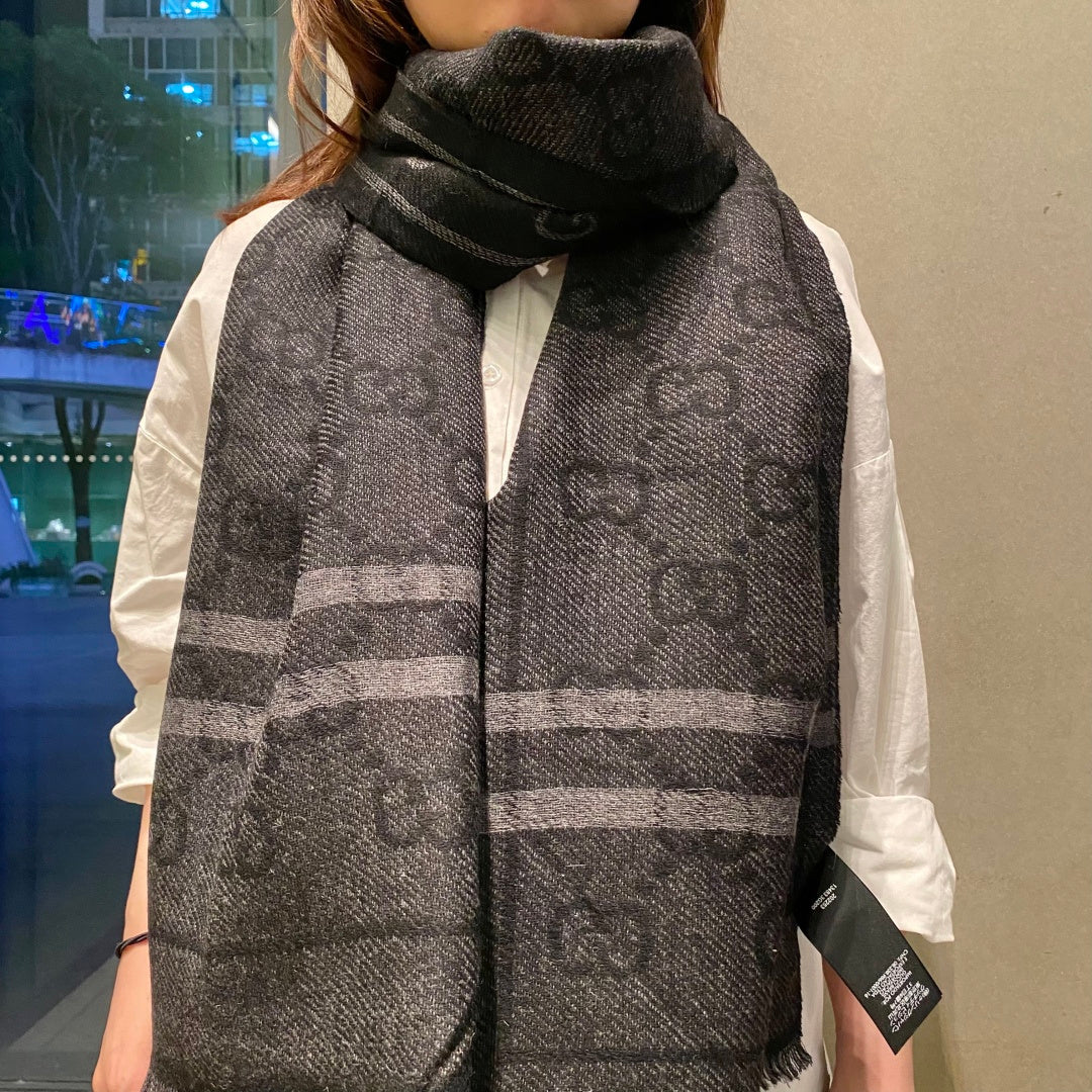 GG Double G Jacquard Scarf 180CM  Black Wool 283097