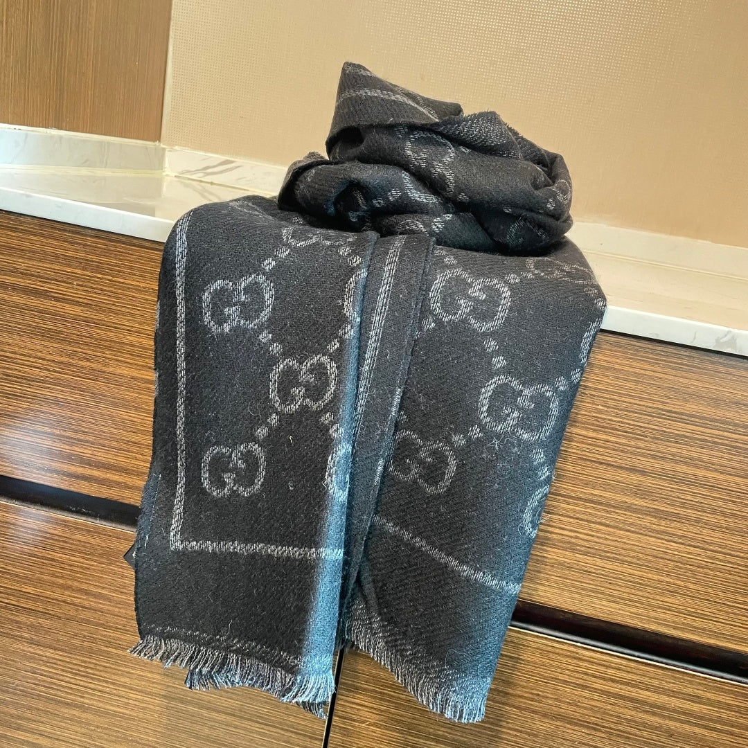 GG Double G Jacquard Scarf 180CM  Black Wool 283097