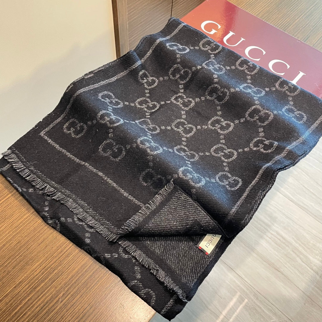 GG Double G Jacquard Scarf 180CM  Black Wool 283097