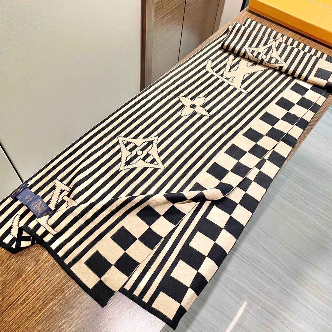 LV Unisex Scarf 180cm Black Beige Fabric 968478