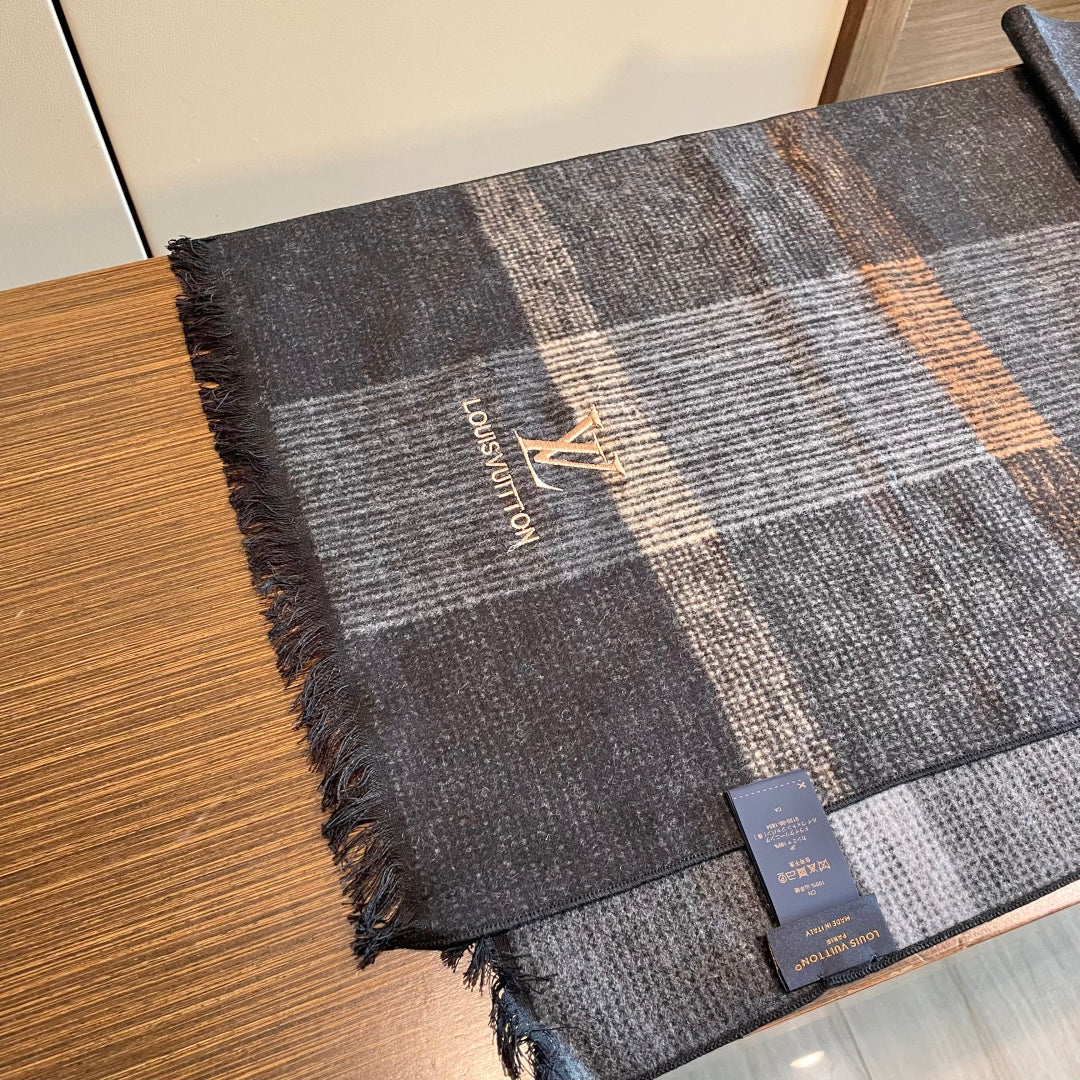 LV Scarf 180cm Black Gray Wool Cashmere 976830