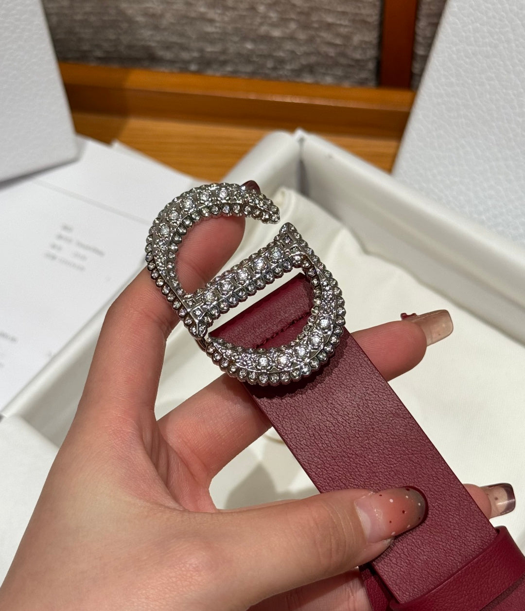 Dior 2026 Rhinestone CD Buckle Belt 25mm Burgundy Cowhide