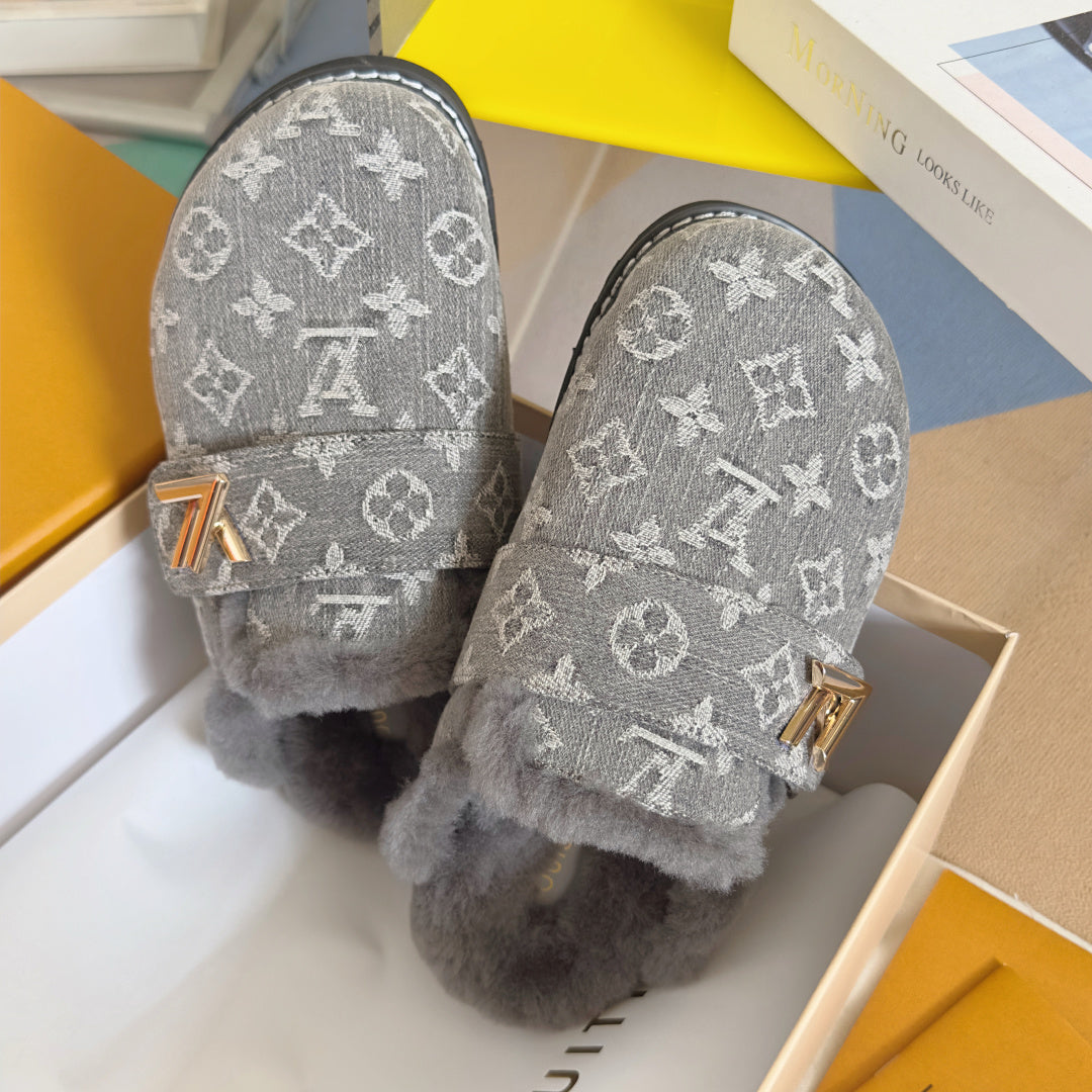 LV 25 Birkenstock Platform Slippers Gray Suede Wool 576219