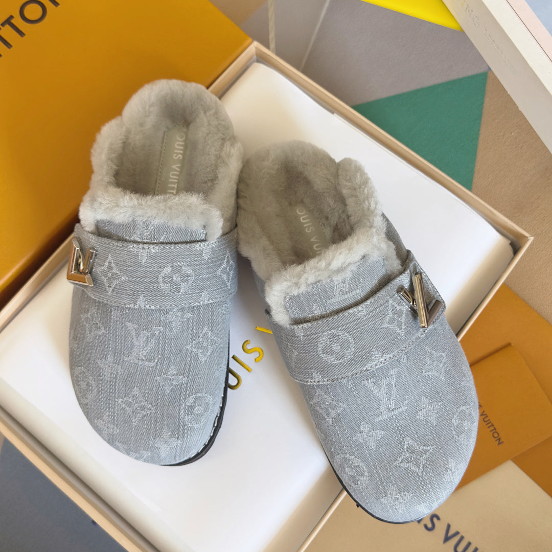 LV 25 Birkenstock Platform Slippers Light Gray Denim Wool 576221