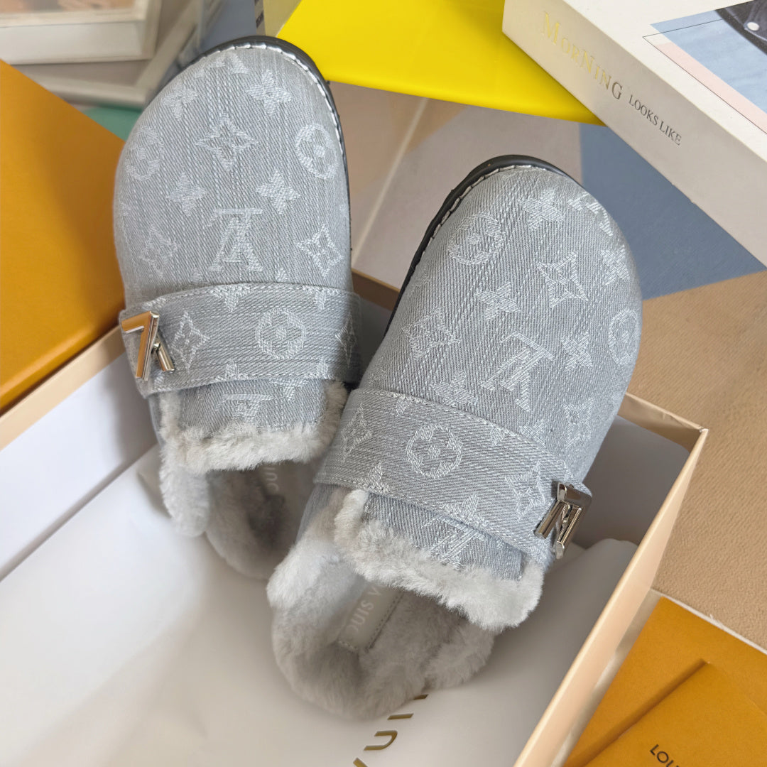 LV 25 Birkenstock Platform Slippers Light Gray Denim Wool 576221