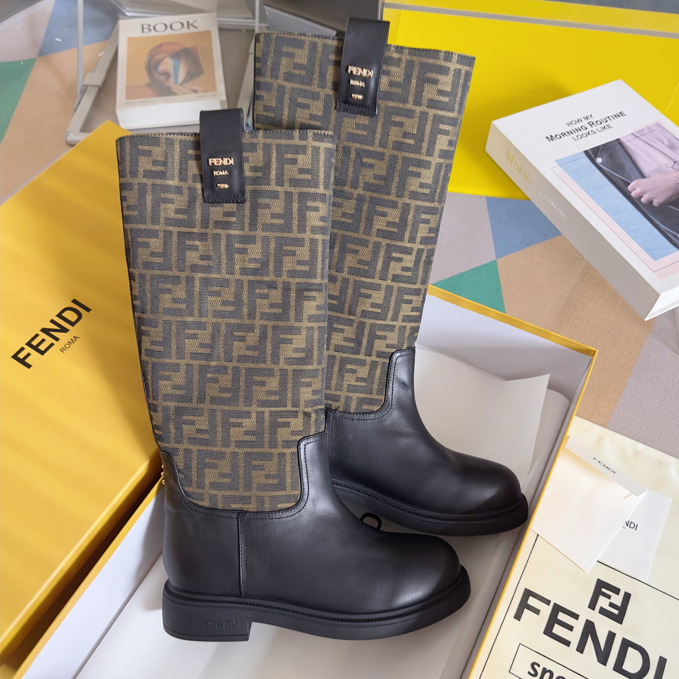 Fendi 2025 Filo Black Sheepskin and Brown FF Fabric Boot 553107
