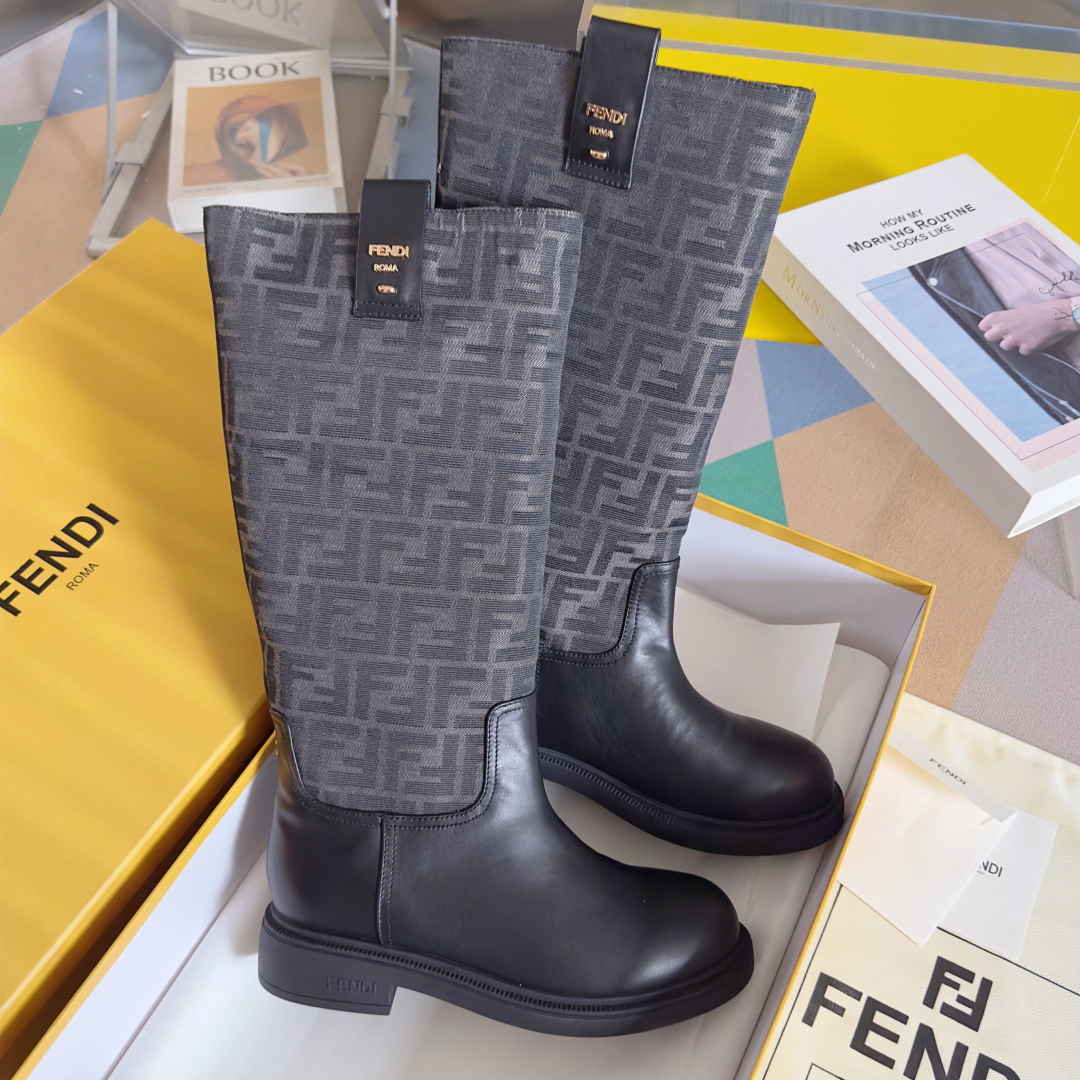 Fendi 2025 Filo Black Sheepskin and FF Fabric Boot 553108