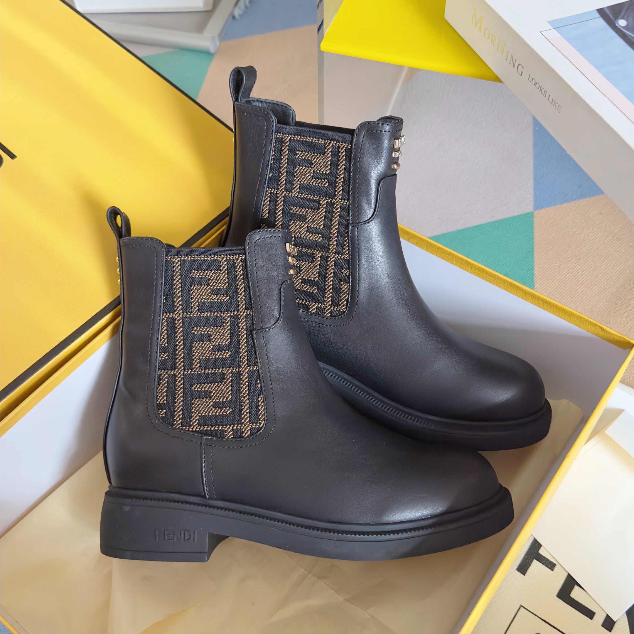 Fendi 2025 FF Monogram Chelsea Boot Black Brown Leather Fabric  553105