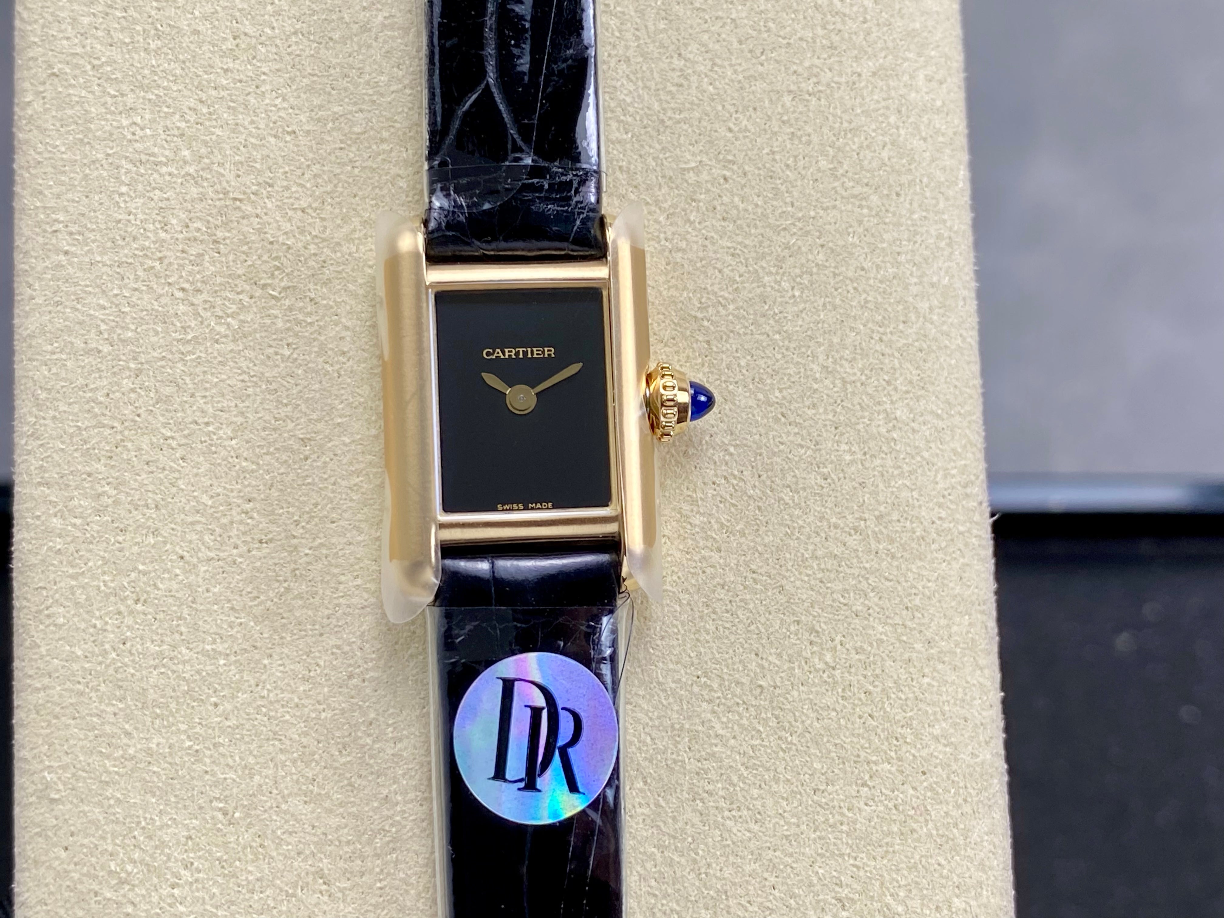 Cartier Tank 24mm Black Dial Gold Case Crocodile Leather