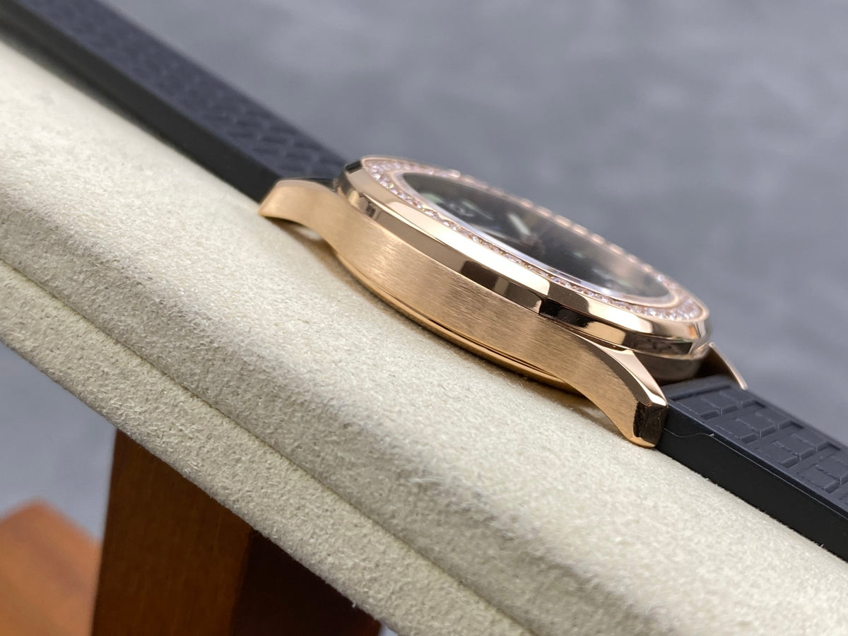 Patek Philippe Aquanaut 36mm Pink Gold Case Diamond Bezel Black Rubber Strap