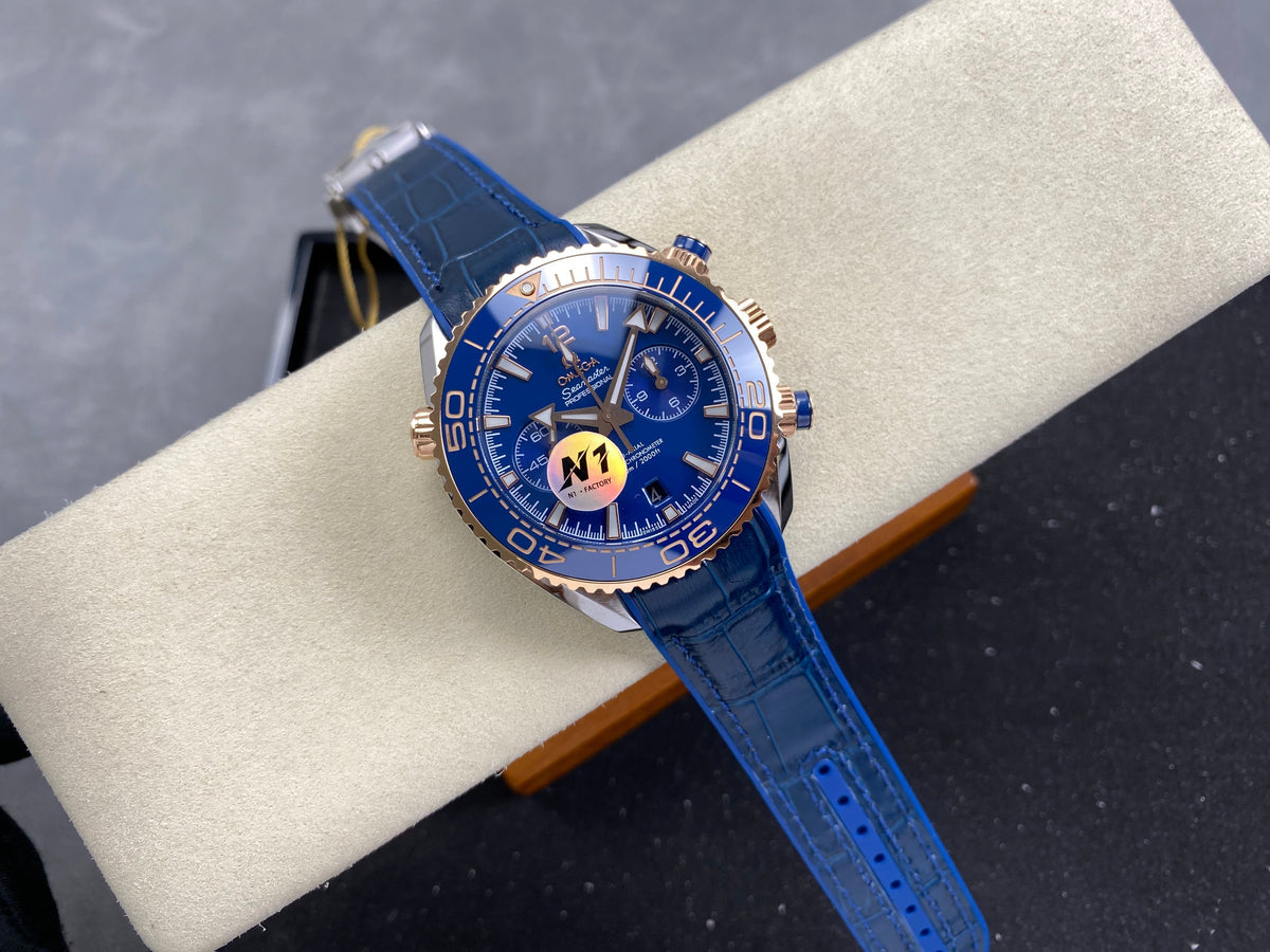 Omega Seamaster 46mm Blue Dial Pink Gold Case Blue Leather