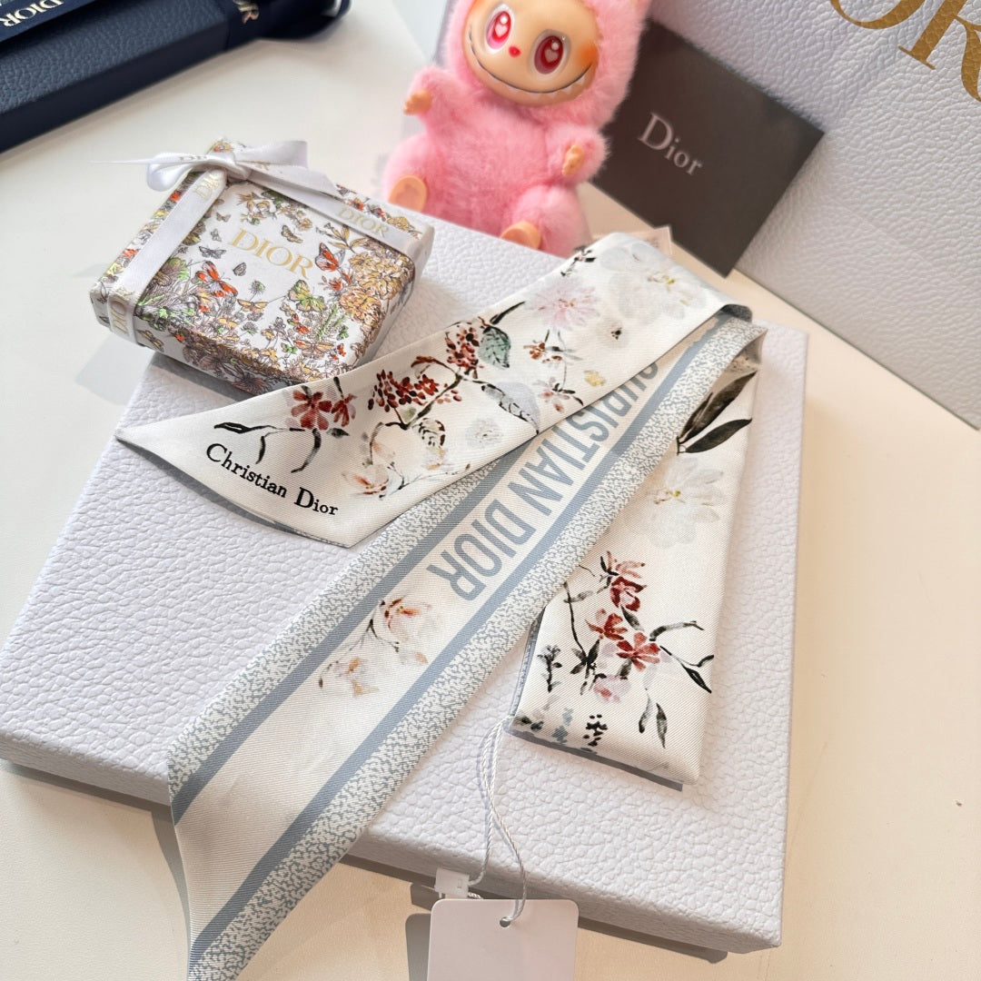 CD Twilly Mini Scarf 105cm White Baby Blue Mulberry Silk 766735