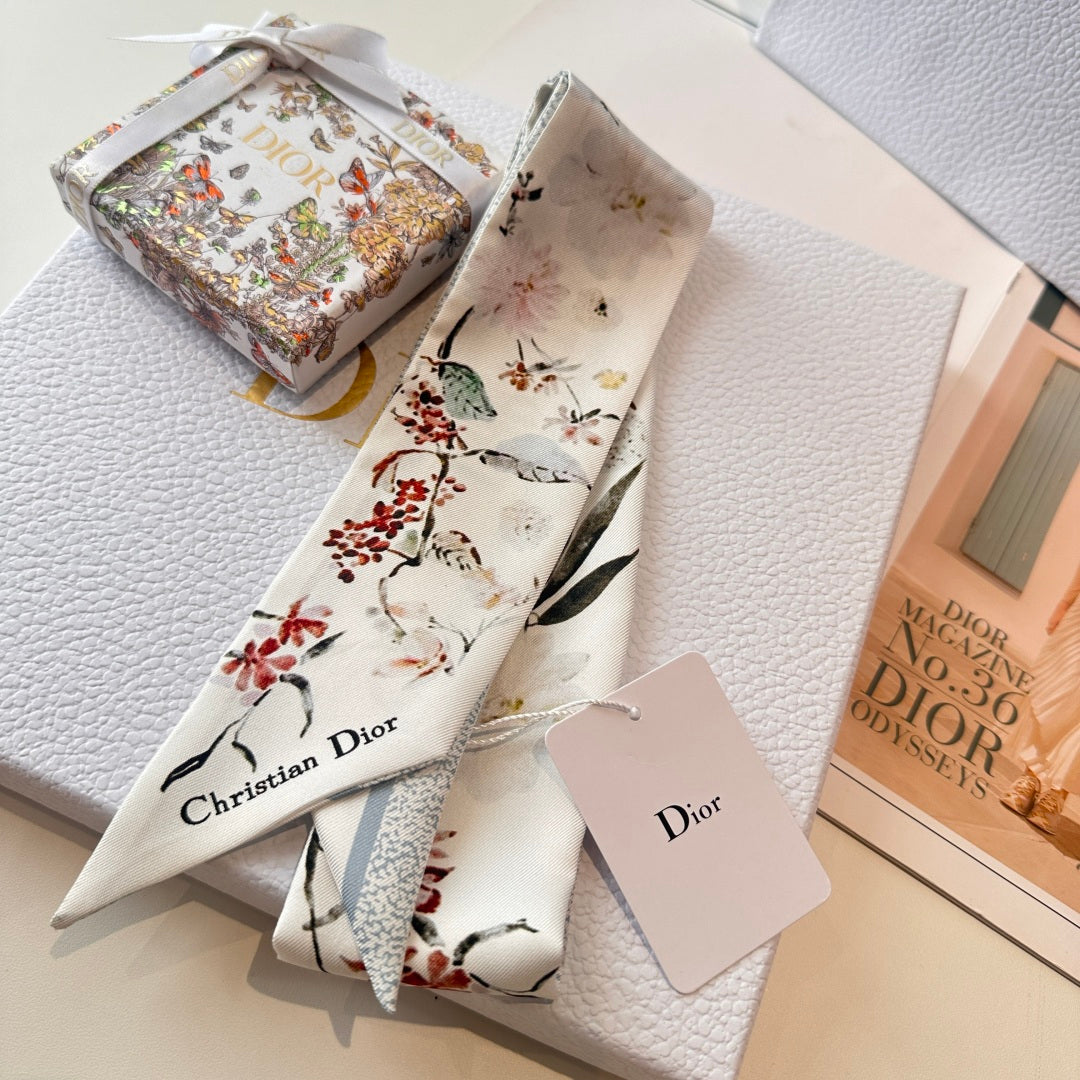 CD Twilly Mini Scarf 105cm White Baby Blue Mulberry Silk 766735