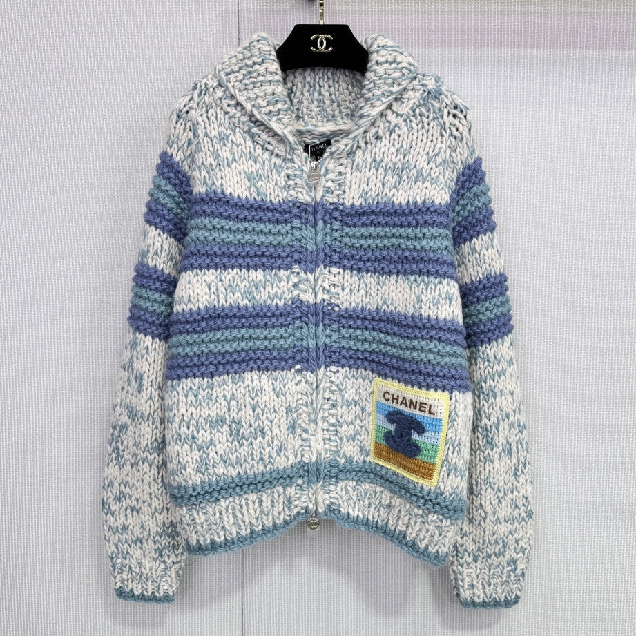 Chanel 2025 Striped Knit Cardigan Blue mix Colors Cashmere 325537