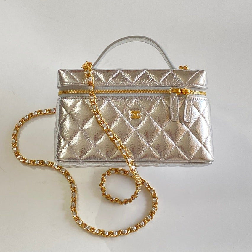 Chanel 25 Box Bag Silver Metallic Leather