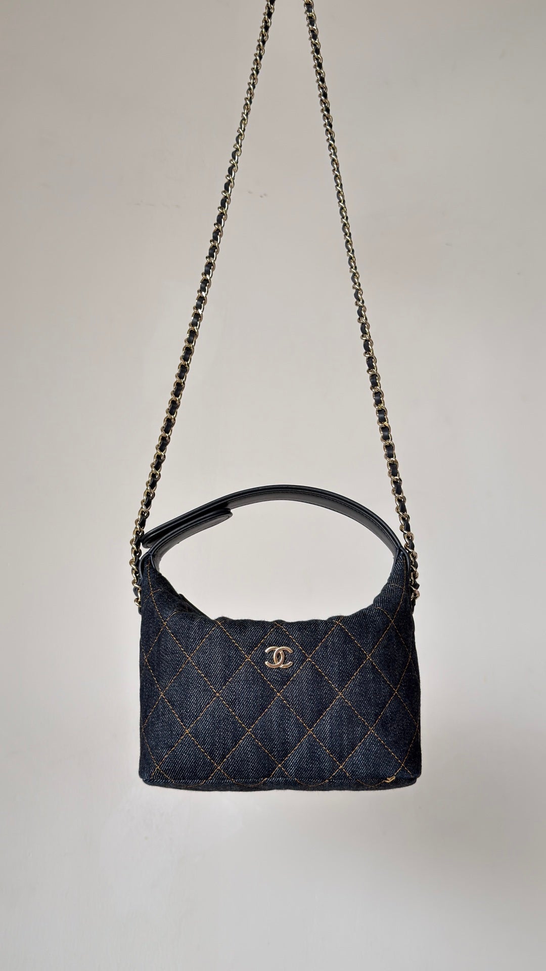 Chanel 2026 Hobo Pouch With Chain Dark Blue Denim Leather