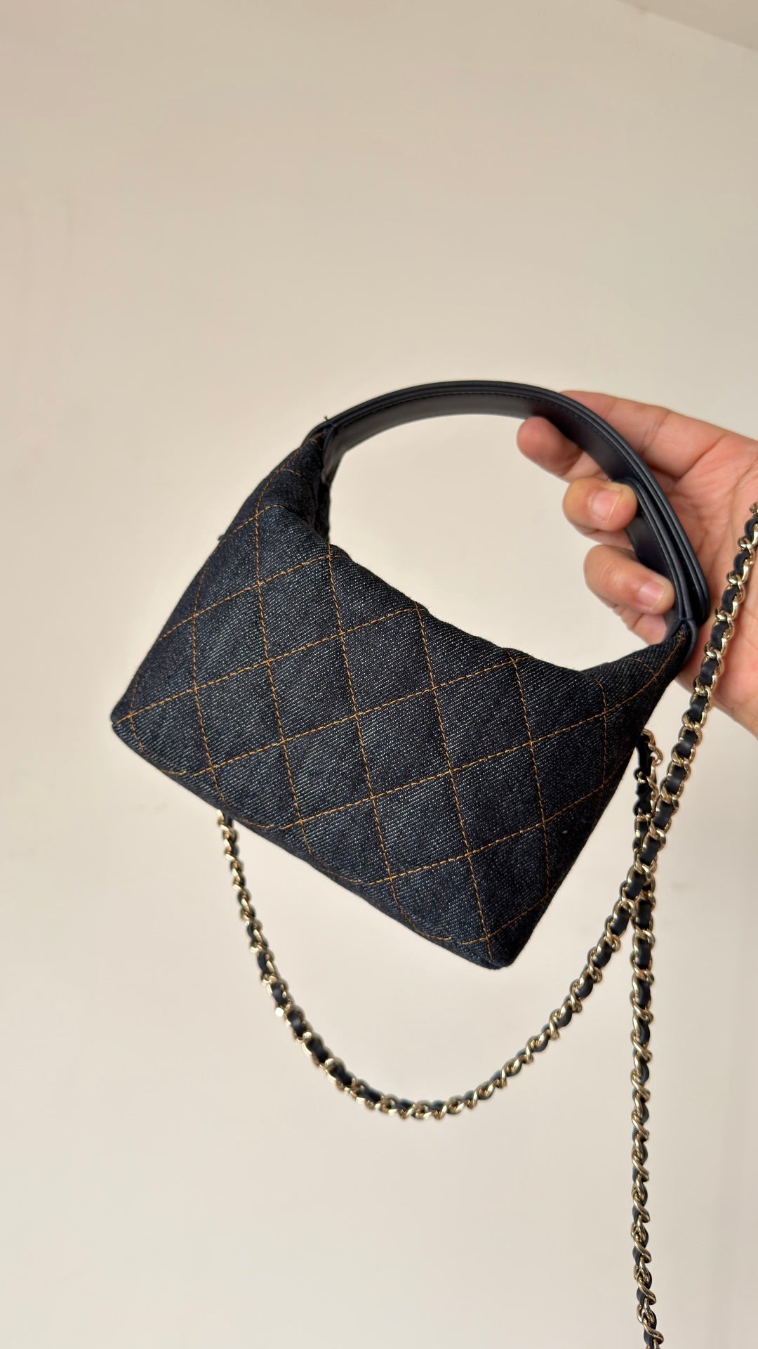 Chanel 2026 Hobo Pouch With Chain Dark Blue Denim Leather