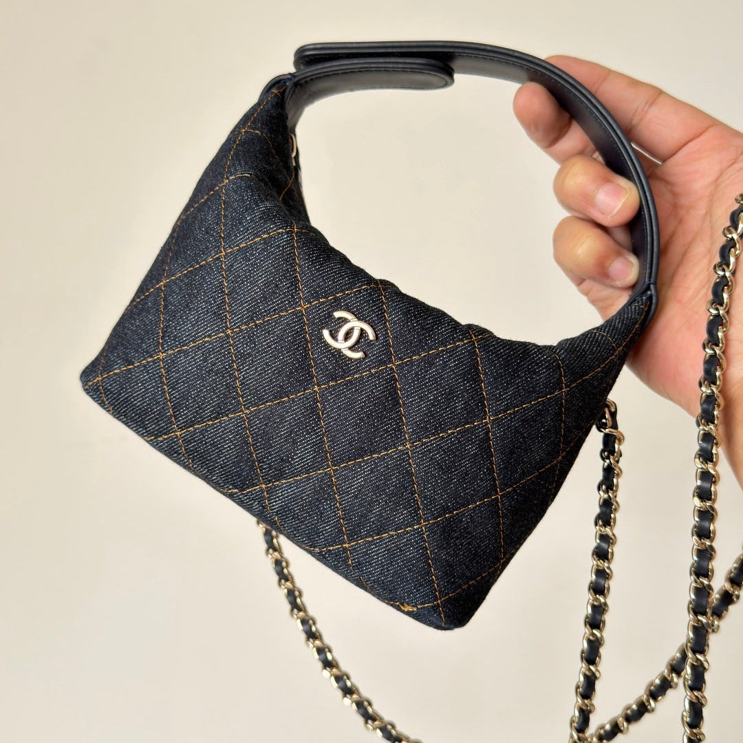 Chanel 2026 Hobo Pouch With Chain Dark Blue Denim Leather