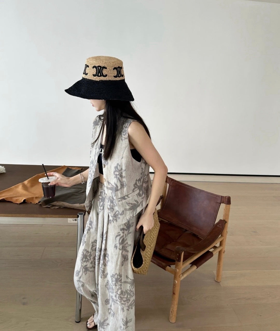 Celine Raffia Black Beige Straw Hat 269031