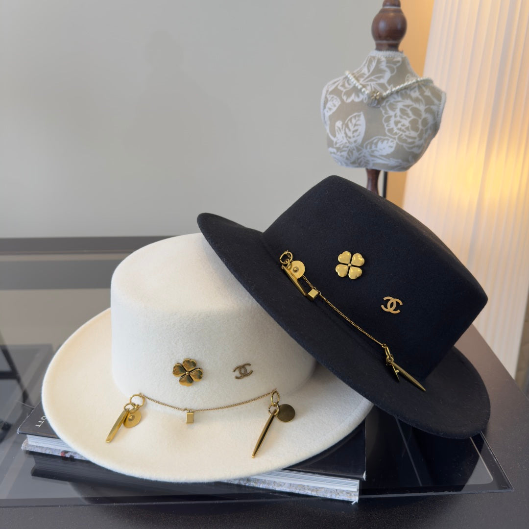 Chanel Four-leaf Clover Flat-brimmed Felt Hat 477651