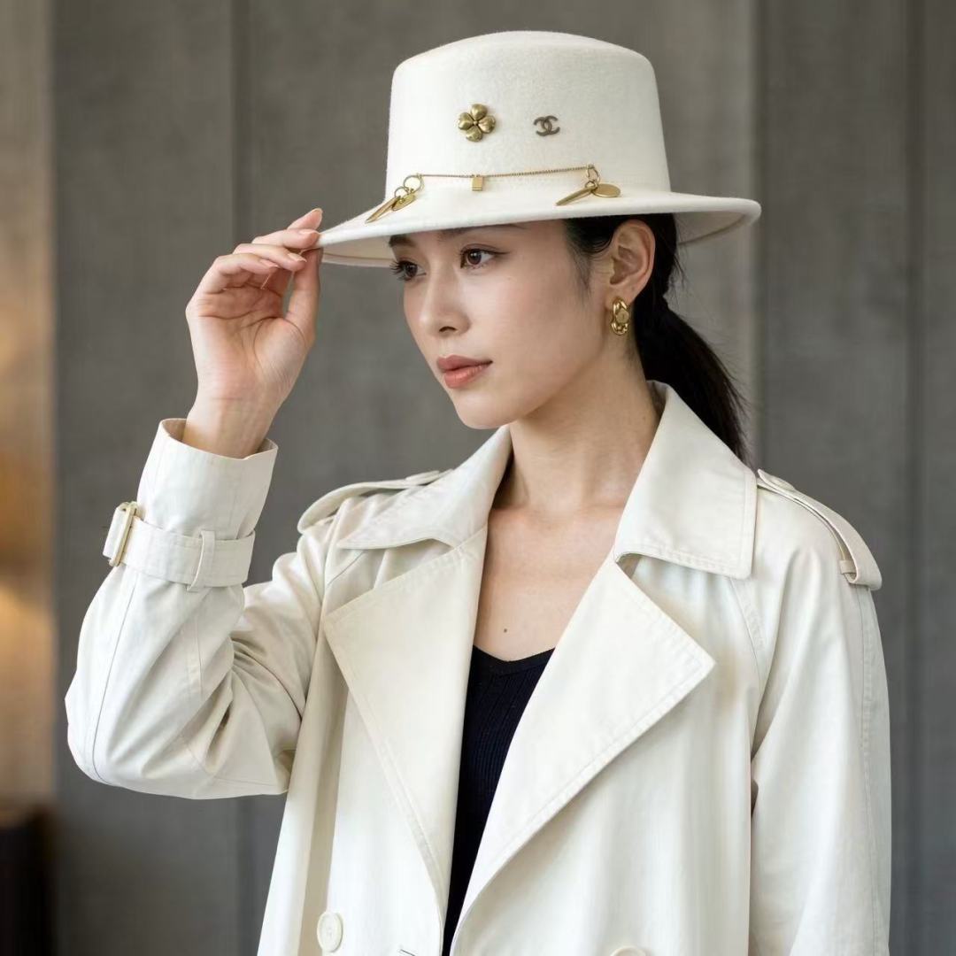Chanel Four-leaf Clover Flat-brimmed Felt Hat 477651