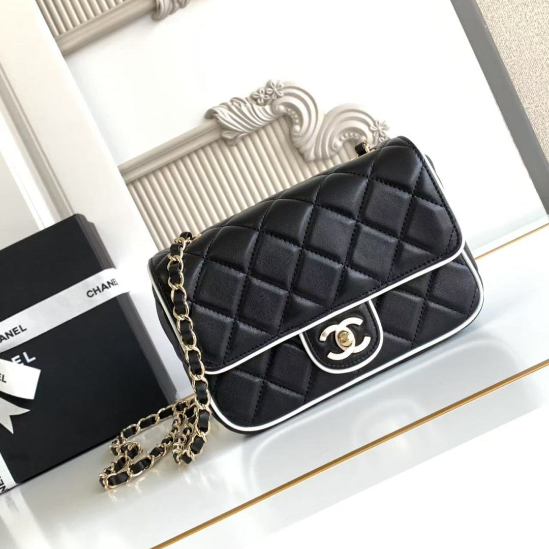 CC 25P Mini Flap Bag 20cm Black White Calfskin