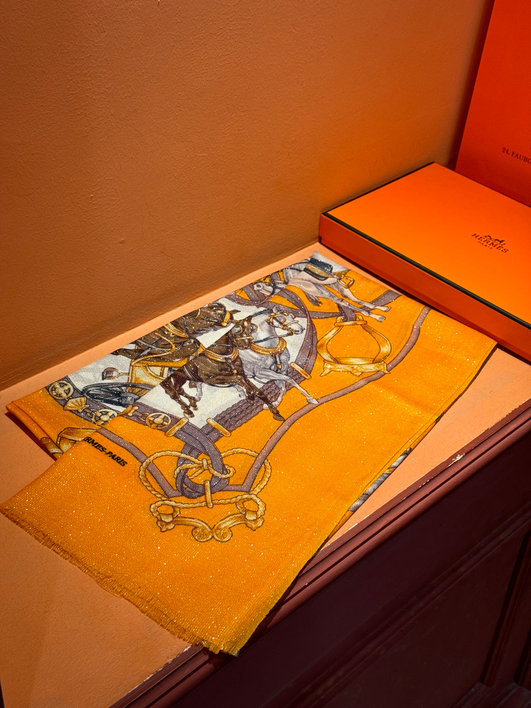 HM 25s Radiant Scarf 200cm Orange Brown Cashmere Silk 962395