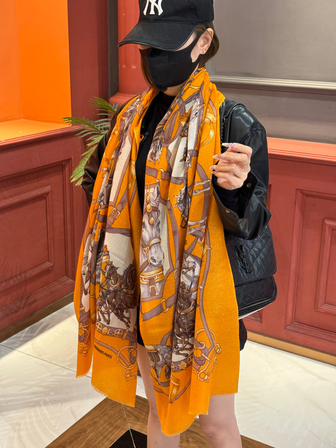 HM 25s Radiant Scarf 200cm Orange Brown Cashmere Silk 962395